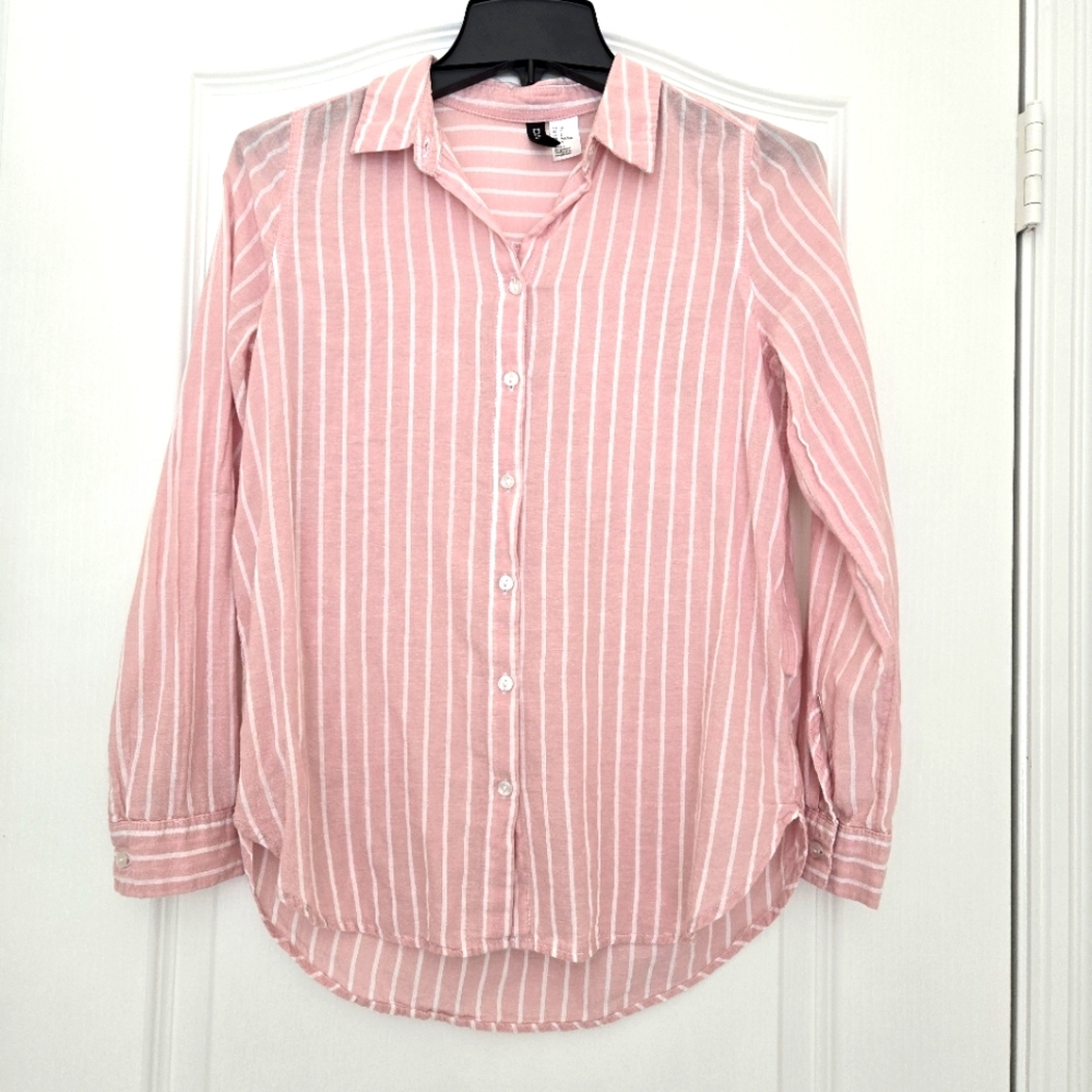 H&M Women’s Sz 2 Small Long Sleeve Button Up Collared Shirt Pink White Striped